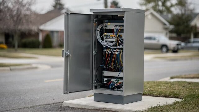 Medium shot of a modern micro data node housing telecom equipment in a streetside cabinet clear in focus with a softly blurred suburban neighborhood behind.