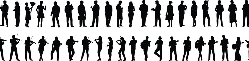 Professional and musical silhouettes illustration, business people poses, violin players performing, lifestyle diversity concept, artistic expression, vector design artwork © It's Sumi Here