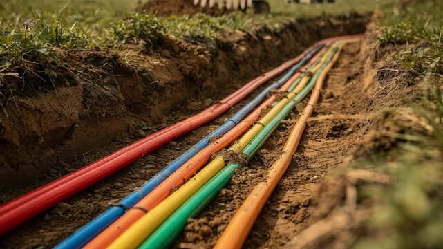 Open greenfield trench with colorful telecom conduits in sharp focus running through soil while surrounding vegetation and tools remain softly blurred.
