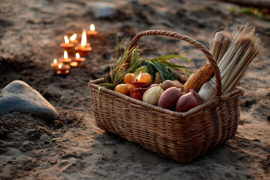 Traditional soop filled with fruits and offerings for Chhath Puja, glowing under diya light by the riverside.
