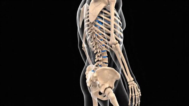 Human Skeleton 3D Animation Rotating Illustrating Spine, Bones, Body Anatomy, Medical and Biological Structure
