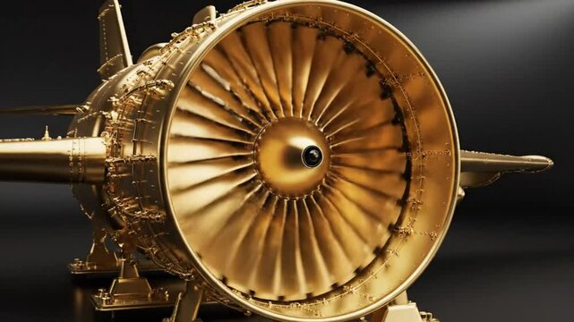 Luxurious 3D Golden Jet Engine with Spinning Turbine Blades and Airplane Design Against Dark Background