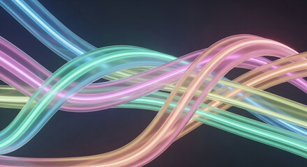 Fototapeta premium Wavy light tubes in blue, green, pink, and yellow against a dark background, suggesting connection, network, or futuristic communication concept