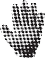 Halftone illustration of open left hand with fingers spread apart and palm facing forward in black dots on white background