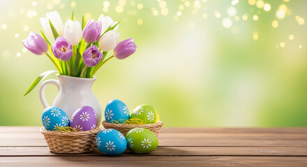 Still life with painted eggs in basket and tulip bouquet in vase on table. Represents festive season, renewal and fresh start, suitable for spring