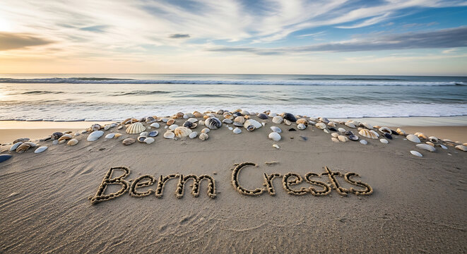 Beautiful beach scene with seashells on sand and Berm Crests written in sand at sunset with calm ocean waves and cloudy sky