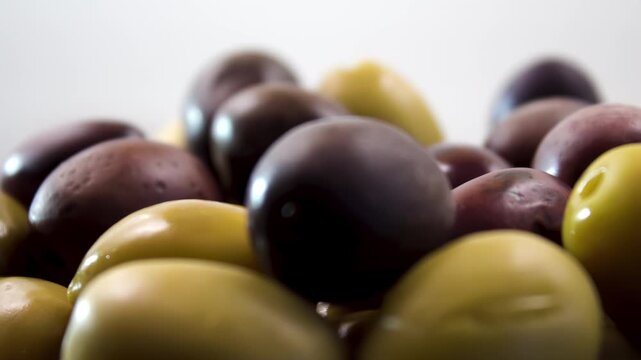 Macro texture of cured Kalamata Olives (Olea europaea) on white, cellular structure of the waxy cuticle, Food Science Background. 