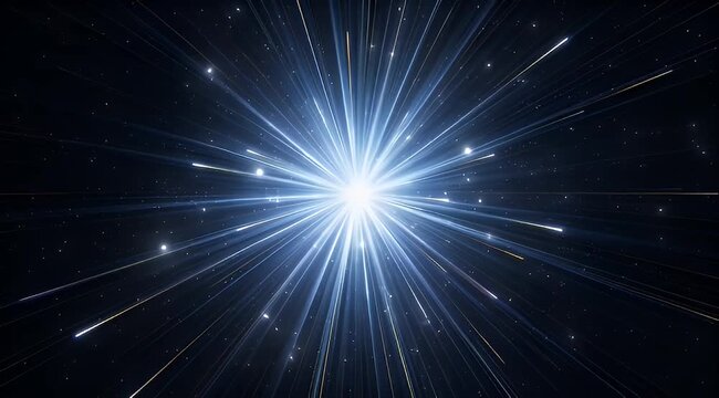 Dynamic burst of light radiating outwards against a dark starry night background