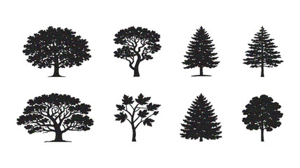 Fototapeta premium Silhouette Tree Set Vector Illustration Featuring Various Forest Trees, Natural Woodland Plant Collection Isolated on White Background for Landscape Design, Nature Graphics, Environmental Projects, Lo
