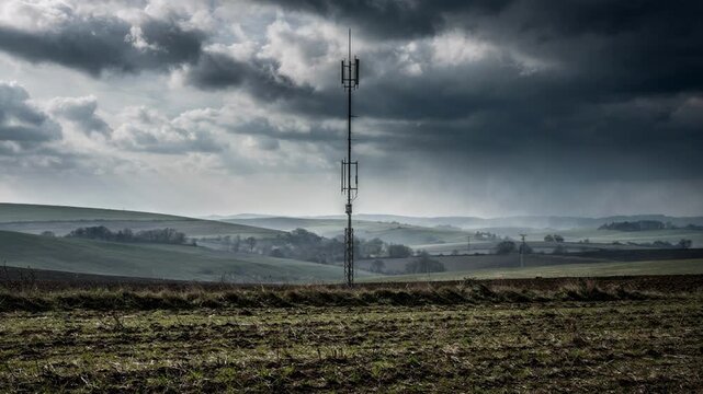 Shot of a solitary rural broadband tower sharply defined with a hazy horizon of farmland and hills illuminated by diffused daylight amid stormy skies.