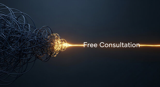 A glowing light breaks through a complex tangle of wires with a free consultation offer