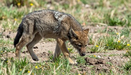 Obraz premium Wolf exploring grassy terrain with yellow flowers