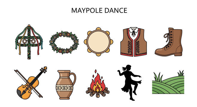 Ten icons related to Maypole dance including traditional items and activities