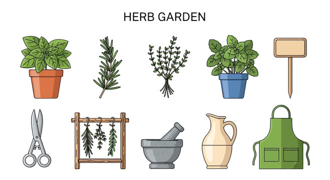 Flat illustration of herb garden elements including potted herbs herbs drying scissors mortar and pestle pitcher marker and apron