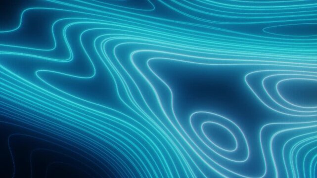 Wavy liquid neon lines pattern seamless animation on a dark background. Loop motion graphics of an abstract blue vector curve. Minimalist retro CRT technology background concept