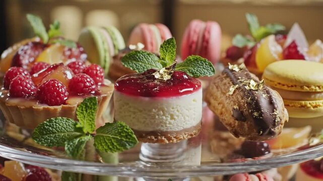 Delicious Assortment of Exquisite French Pastries, Desserts, and Sweets Artistically Arranged on a Glass Serving Platter