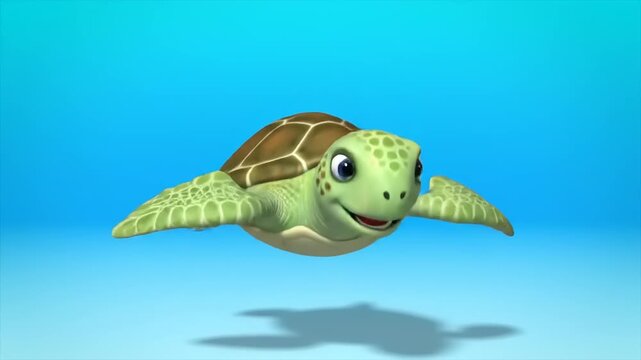 Whimsical Turtle Floating Cute reptile in cartoon style, swimming in a gradient blue sea. Underwater scene with gentle lighting and shadow.