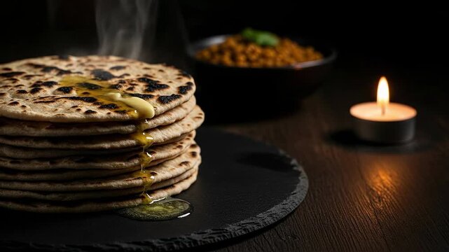 Stack of fresh hot Indian rotis with melting ghee traditional homemade chapati for dinner