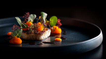 gourmet fine dining dish with seared fish and vibrant vegetables, artistic gourmet plating with microgreens and colorful sauce on black plate, modern haute cuisine dish with elegant restaurant present
