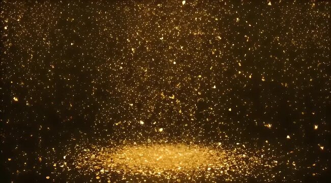 A shimmering cascade of golden particles falling through a dark void space