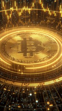 Golden Bitcoin cryptocurrency symbol with futuristic digital circuit background.