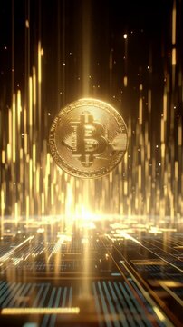 Golden bitcoin symbol floating above futuristic digital circuit board with glowing light streaks.