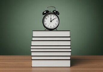 A classic black alarm clock resting on a stack of white books against a dark green background