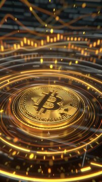 Close-up of a golden bitcoin surrounded by digital circuit and glowing lights representing cryptocurrency technology.