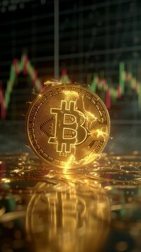 Golden Bitcoin coin with glowing light and financial stock market graph background.