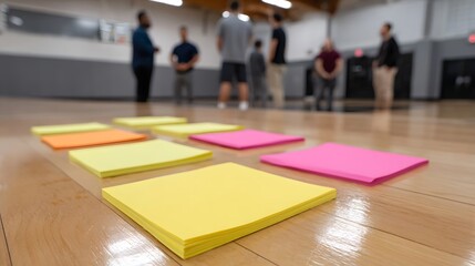 Obraz premium Vibrant sticky notes arranged on a gymnasium floor suggesting a collaborative brainstorming or planning session among a blurred group of people