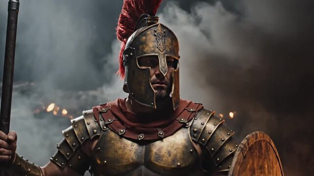 Ancient Spartan warrior with spear and shield in smoky battle