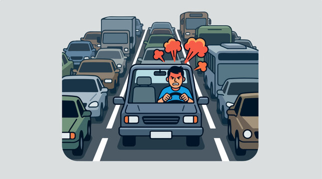 Frustrated driver stuck in a massive traffic jam on a busy highway.