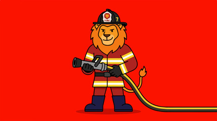 Lion Firefighter Mascot Holding Hose on Red Background.