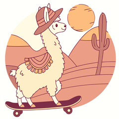 Fototapeta premium Curious expression on a Alpaca in a Desert sunset theme, with riding a skateboard – Sundown Glow vector art