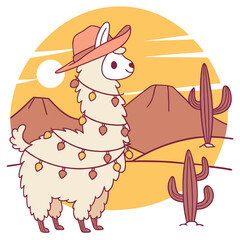 Fototapeta premium Bashful Alpaca with wrapped in fairy lights, set in a charming Desert sunset theme – Sundown Glow color vector art