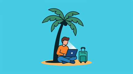 Obraz premium Man working remotely on laptop under palm tree on a tropical island.