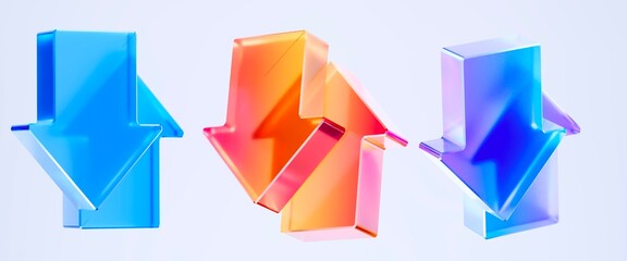 Set 3D Glass up and down arrow icons isolated on transparent background, concept of data transfer, upload and download process, exchange rate fluctuation, and directional navigation for interface. © StockStyle