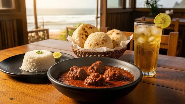 Authentic Indian Kofta Meatball Curry with Basmati Rice and Naan Bread at a Beachfront Restaurant