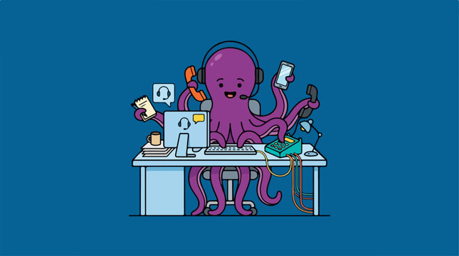 Multitasking Octopus at Desk with Headset and Devices.