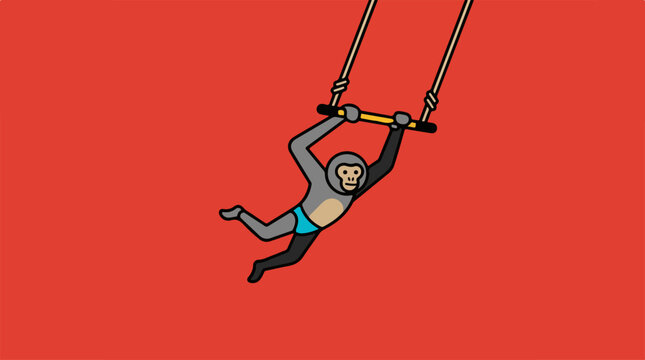 Monkey Swings on Trapeze Bar in a Circus Act.
