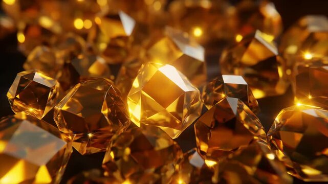 A close-up view of numerous sparkling golden faceted gemstones reflecting light, creating a rich and luxurious texture.
