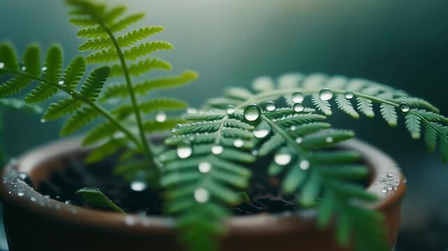 A close-up shot of a small fern plant with water droplets on its leaves, potted in a terracotta pot.