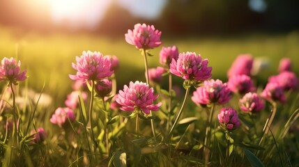 Fototapeta premium Embrace the serene beauty of a wild clover field bathed in the golden warmth of the setting sun.