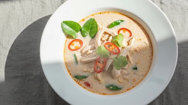 Keto friendly Thai coconut chicken soup Tom Kha Gai with kaffir lime leaves and chili