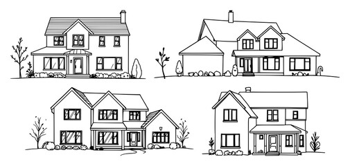 Fototapeta premium Family house set with continuous line art drawing style featuring suburban home, minimalist black sketch, isolated white background with vector illustration and architecture