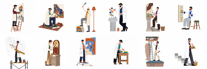 Set of professional art restorers and conservators working on various artworks, historical artifacts, paintings, and sculptures in a museum or studio setting.