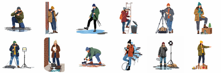 Collection of professional film crew and photographers working outdoors in winter clothing with various camera and lighting equipment in an urban setting. © ValentinaRestrepo