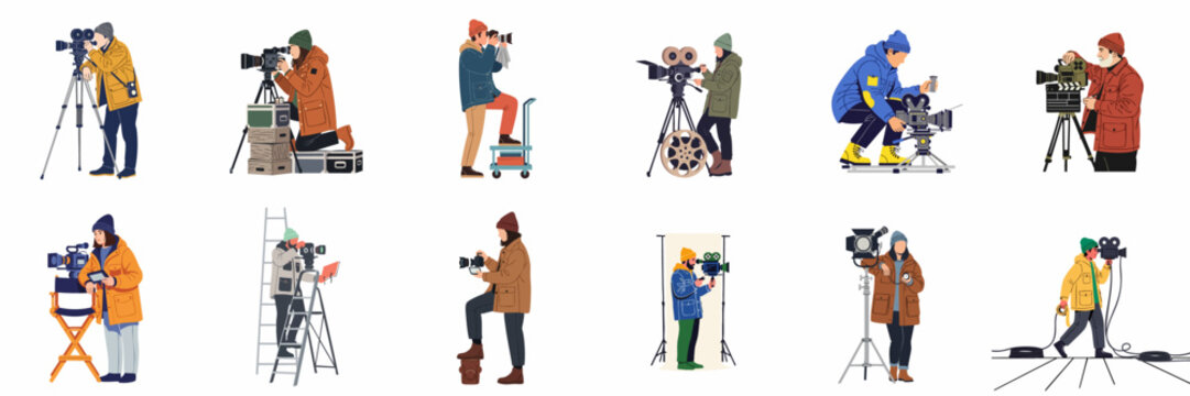 Professional filmmakers and photographers operating cameras and equipment, depicted in flat vector illustration style with outdoor winter clothing.
