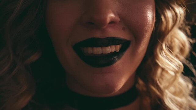 Charming blonde woman with dark makeup and a witch hat playfully licking her black lips, looking at the camera with a seductive and mischievous smile during a halloween celebration