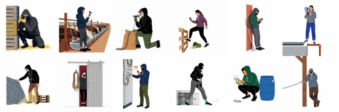 Illustrations of animal rights activists and undercover investigators performing clandestine activities on farm and industrial sites for documentation and expos&eacute; purposes.